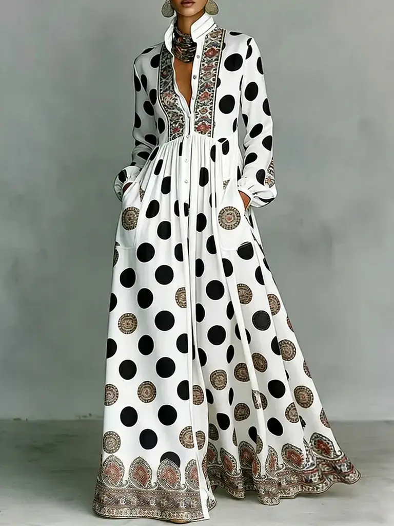 Women's New High Waisted Long Sleeves Big Hemline Buttoned Contrast Color Pleated Pockets Polka-Dot Stand Collar Maxi Dresses