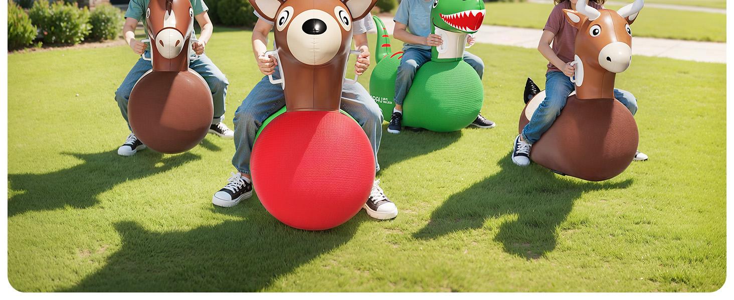 QPAU 1/2 PCS Bouncy Animal Hopper Toys (Dinosaur, Reindeer, Bull & Cute Dino) - Medium for 2+, Large for 5+, Inflatable Ride-On Jumping Bouncer, Indoor & Outdoor Energy Release Toy for Kids Boys Girls