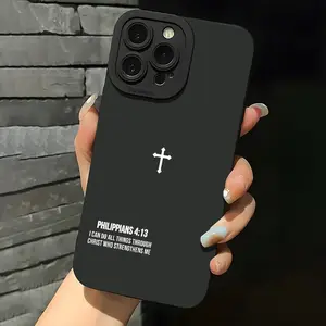 Cross Bible Quotes Christian Aesthetic Phone Case for iPhone 16 11 15 14 13 12 Pro Max XR Plus Black Phone Case, Birthday Christmas Gift, Christian Gift for Women Men pattern Screen Protector Cover for iPhone13