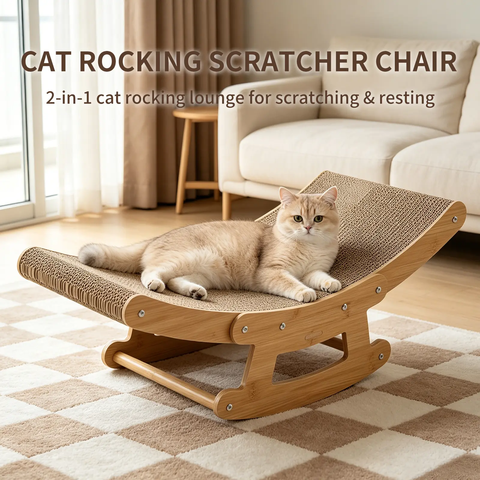 Curved Cat Scratcher Lounge Cat Scratching Board Bed, Natural Cardboard Cat Scratcher Sofa with Wooden Base, Comfortable Resting & Playing Scratching Pad for Indoor Cats new tree sharp edge catscratch mat tarp roof scratchpad cactus play cozy hideaway 2-3