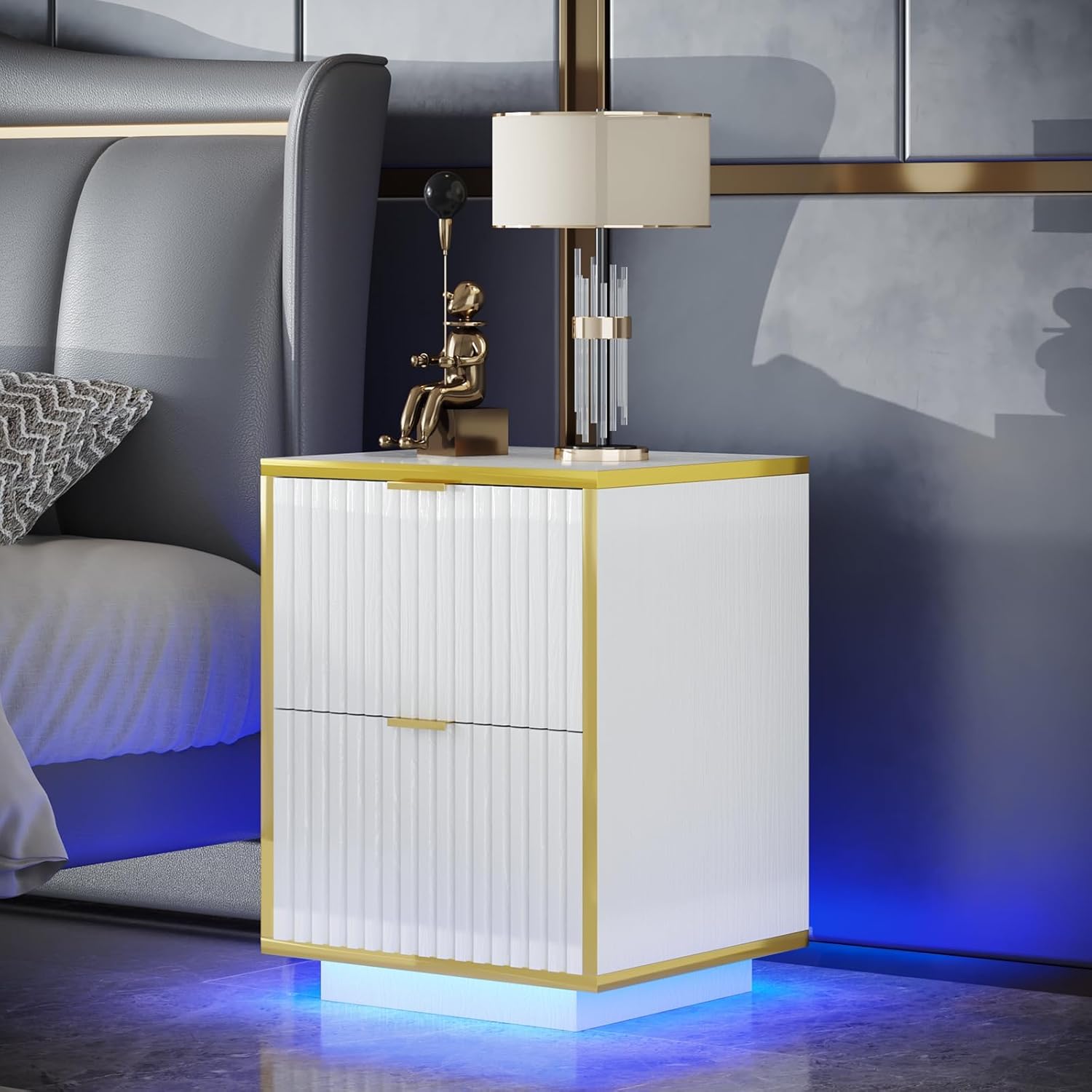 HOMBCK Nightstand, Modern Bedside Table with LED Lights, End Table for Bedroom Living Room