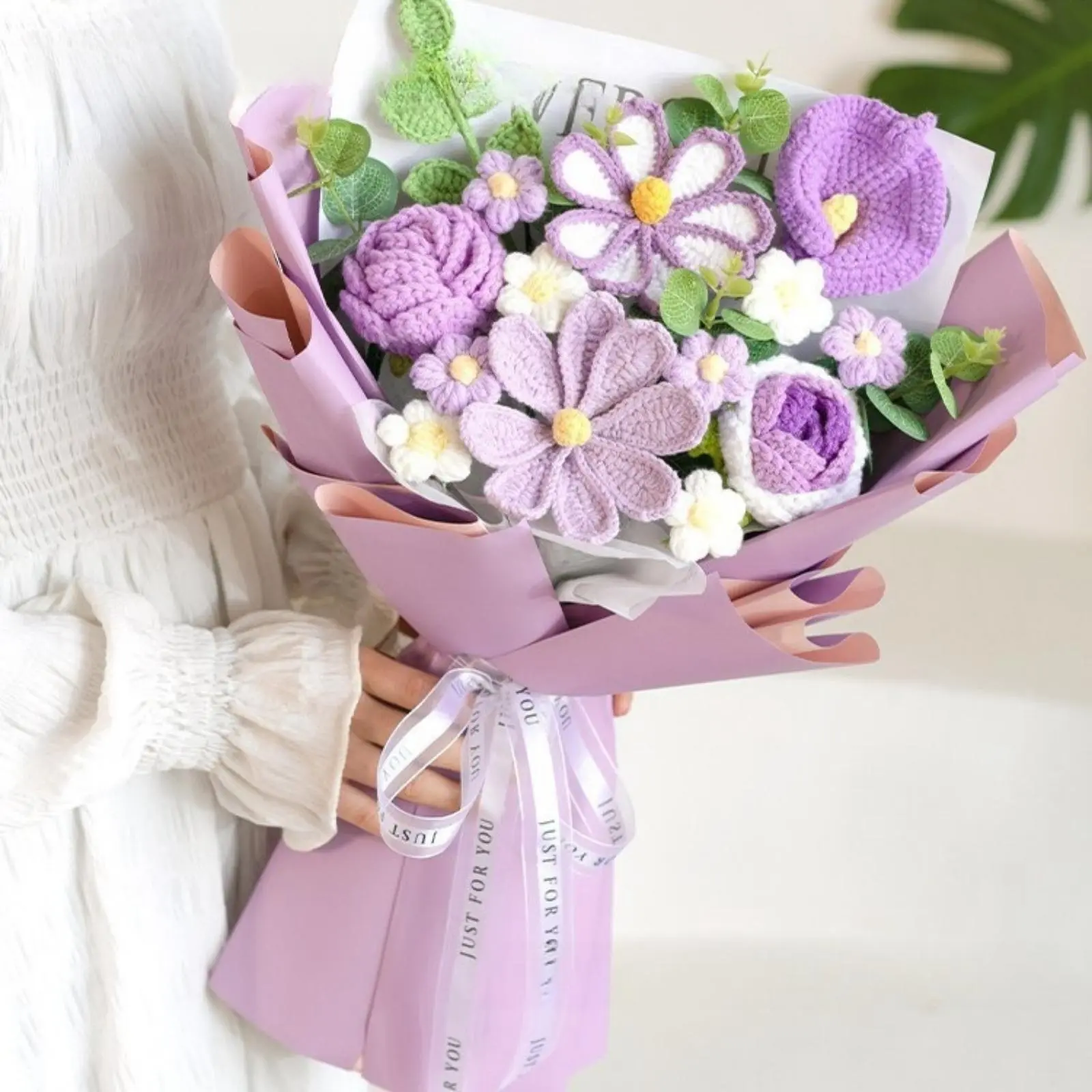 Decorative Lightweight Knitted-Crochet Flower Bouquet Kit - Hanging, 23.7 in, with Roses, Daisies, Fairy Lights, Gift Card, Gift Bag, for Mothers, Wedding Wall Home Decor Supplies