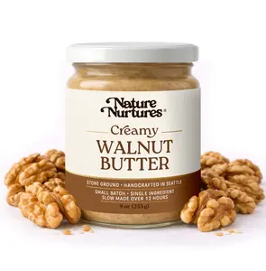 Creamy Walnut Butter · 100% Walnuts · Single Ingredient · No Fillers · Raw · Stone Ground for 12 Hours · Small Batch · Handcrafted in USA · High Protein · 100% Pure & Natural · No Added Sugar · No Palm Oil · Packed in Glass Jar · 9 oz (255 g)