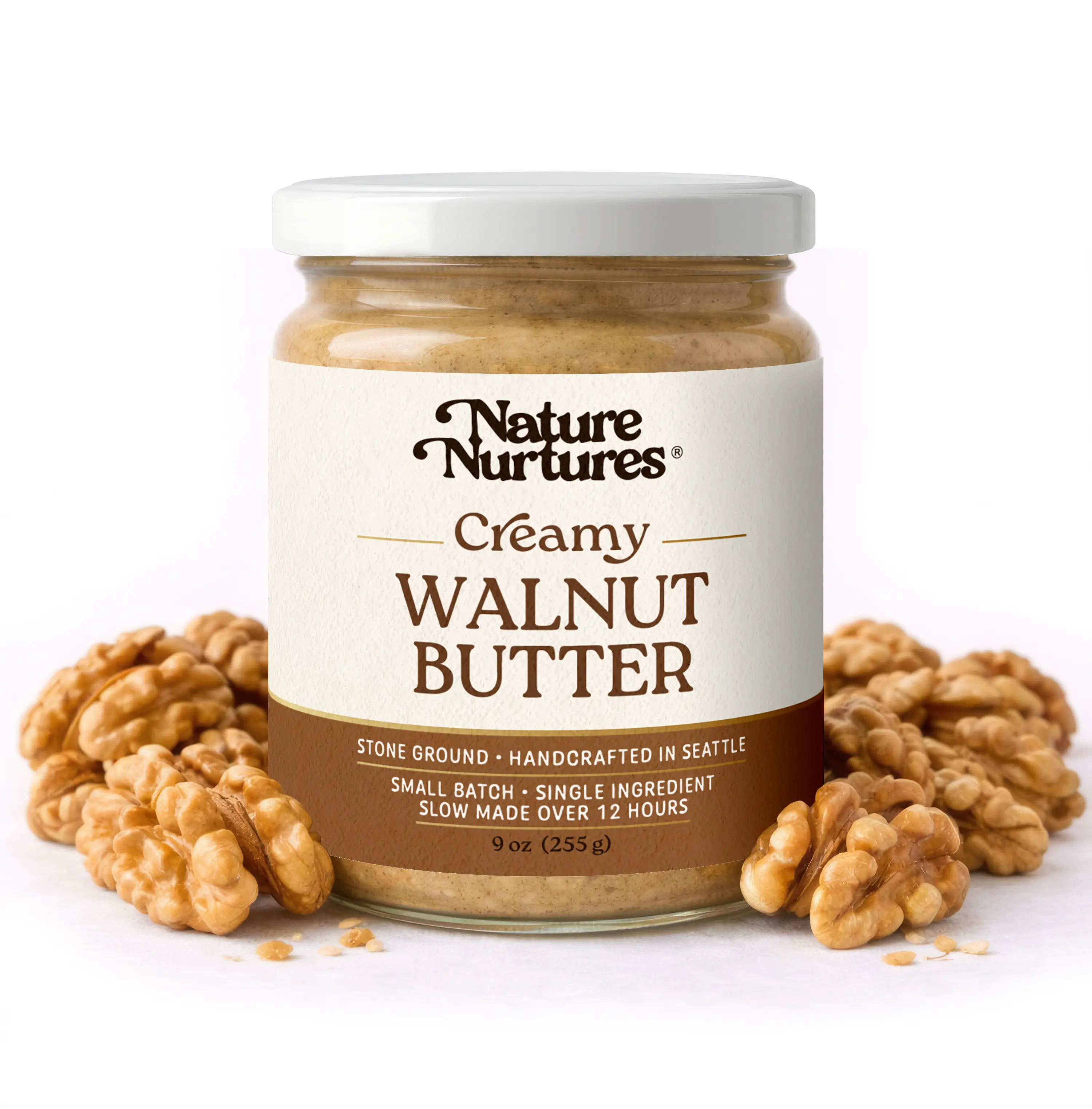 Creamy Walnut Butter · 100% Walnuts · Single Ingredient · No Fillers · Raw · Stone Ground for 12 Hours · Small Batch · Handcrafted in USA · High Protein · 100% Pure & Natural · No Added Sugar · No Palm Oil · Packed in Glass Jar · 9 oz (255 g)