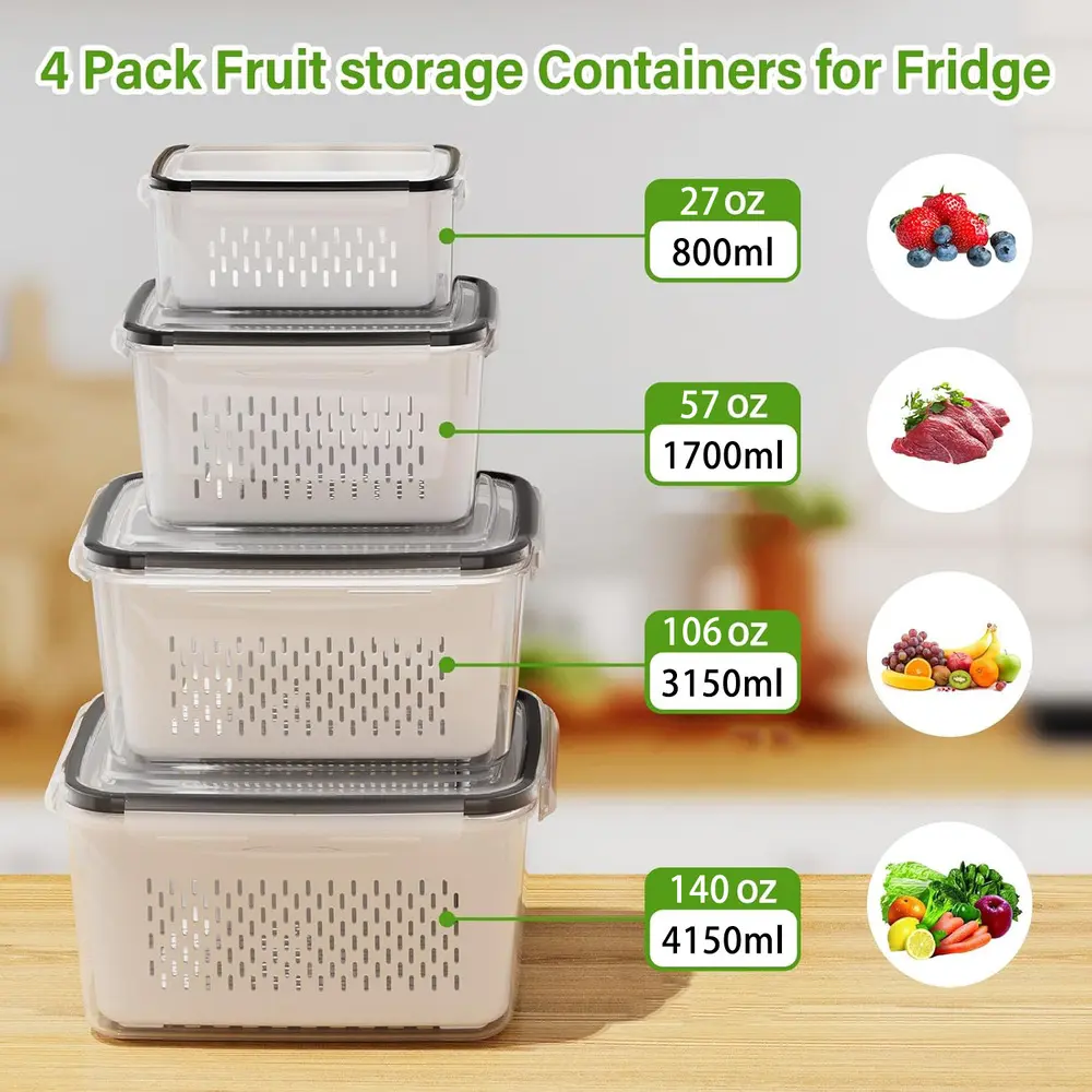 2/4/6 Pack Stackable Fridge Organizer Bins, Sturdy Plastic Food Storage Containers with Double Layer Drain for Fresh Produce, Food Storage Boxes, Plastic Kitchen Storage