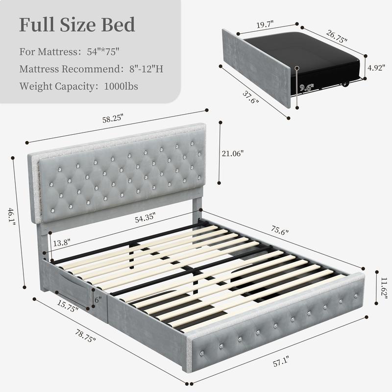 Sibeds Queen LED Bed Frame with 2 Storage Drawers, Adjustable Crystal Tufted Headboard, PU Leather & Velvet, Noise-Free Solid Slats, No Box Spring Needed, Easy Assembly, Modern Design