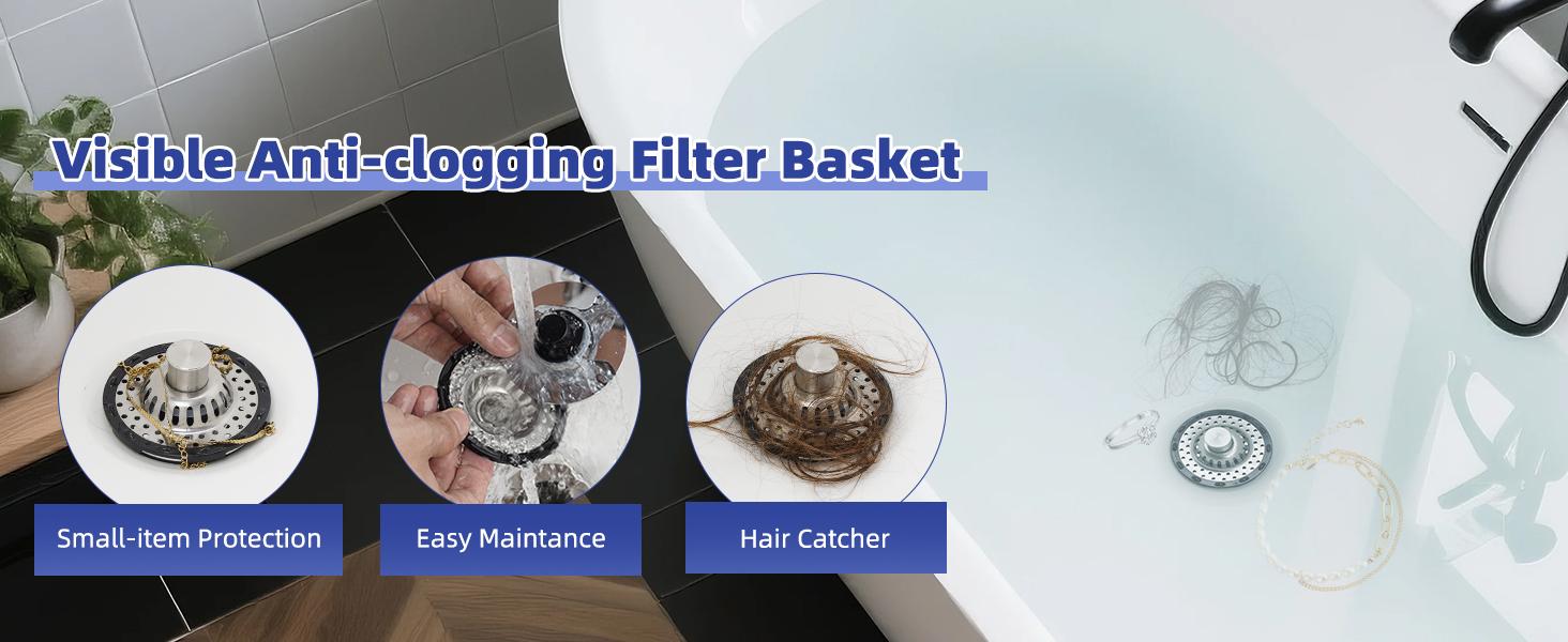 Hibbent Bathtub Drain Stopper with Visible Top Hair Catcher Innovative 3 in 1 Pop-up Bathtub Strainer Fit for Standard 1.5 to 2.4in Drain Hole with Detachable Stainless Steel Filter Basket Chrome