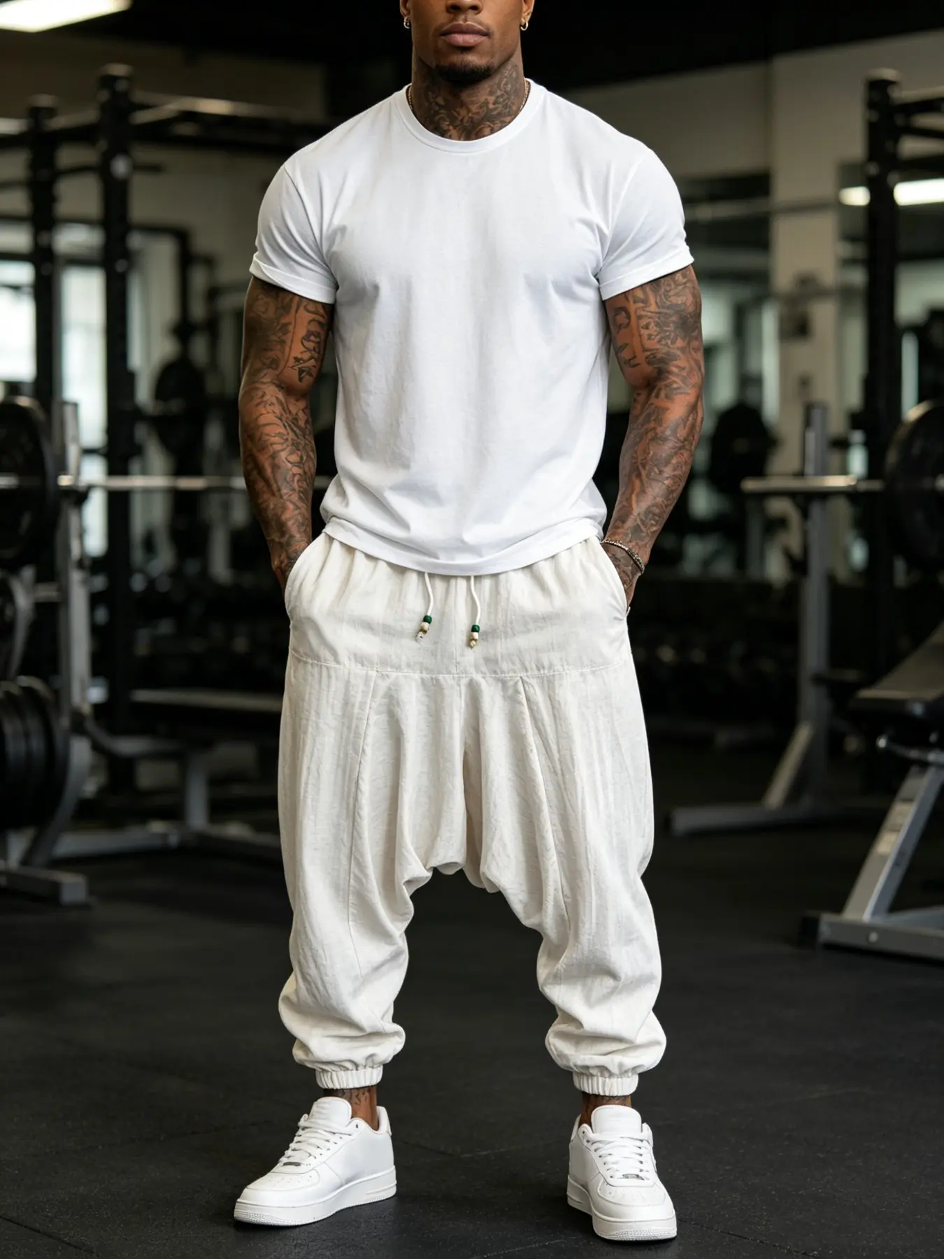 Men's 2-Piece Casual Matching Set, Basic Crew Neck T-Shirt & Drop Crotch Harem Pants Set, Loose Loungewear Streetwear Tracksuit Outfit