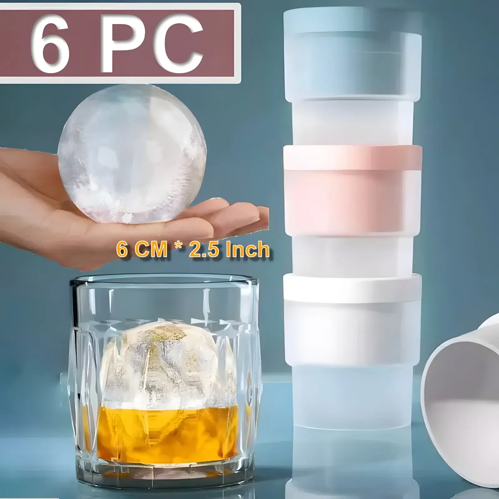 Ice Ball Molds 2.5 Inch Large Round Silicone Stackable Ice Cube Maker for Whiskey Cocktails Juice Beverages Set of 6 Drink Utensils Easy Release Food Grade Material - Traditional Kitchen Ice Ball Trays