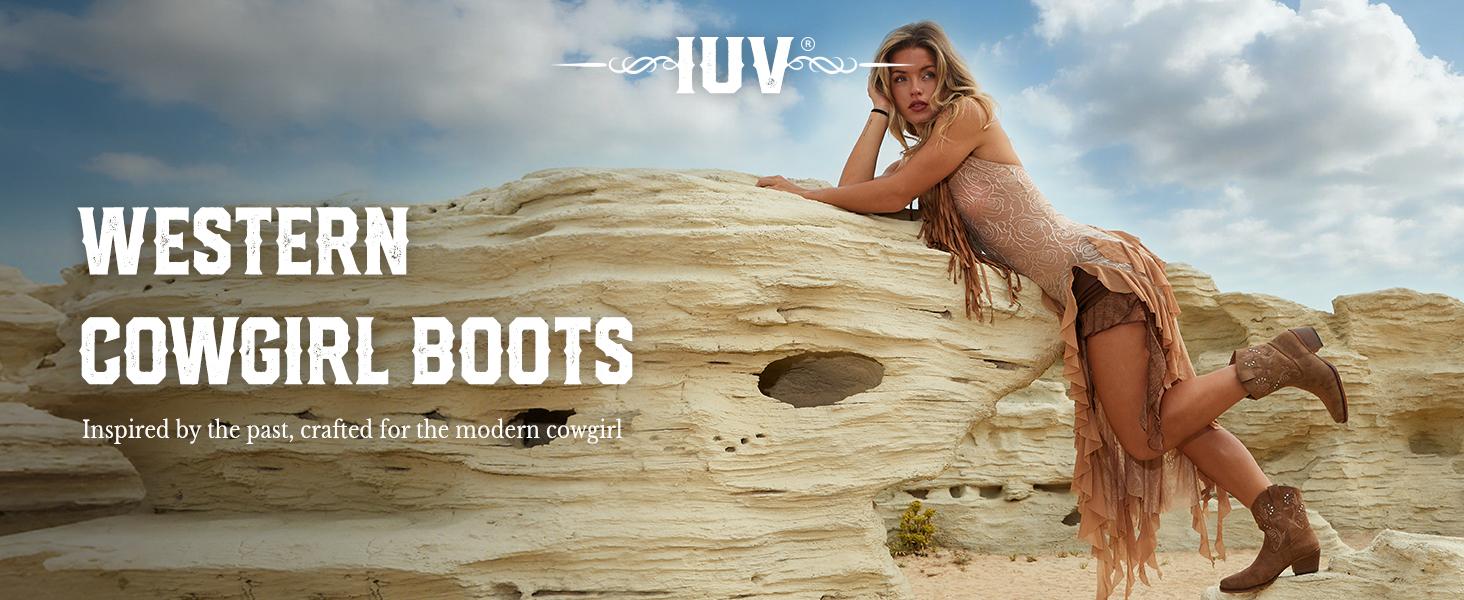 IUV Cowgirl Boots for Women Ankle Cowgirl Ankle Boots with  Almond Pointed Toe Classic Western Wide Boots Women Chunky Heel  Country Boots  for Comfortable Walking Shoes Classic Booties