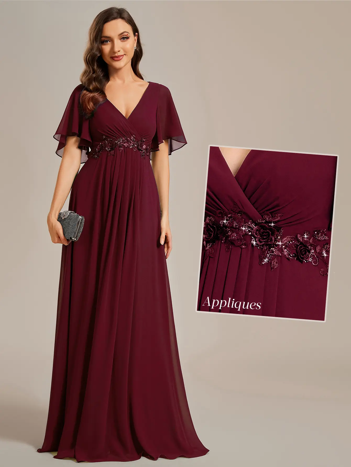 Ever-Pretty 2026 Elegant Spring  Dress ,Chiffon Maxi Gown with Deep V-Neck, Flutter Sleeves and Embroidery for Fall Wedding Guest dress Ruffles Sleeve A-Line Chiffon Waist Applique ,Maxi Formal Evening Dress 01960