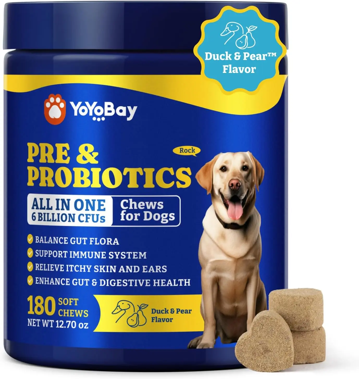 Probiotics for Dogs - Dog Probiotics for Dog Yeast Balance, Itchy Skin, Gut, Immune & Skin Health, Itch Relief - 6 Billion CFUs, 180 Soft Chews, Duck & Pear Flavor - with Prebiotics & Digestive Enzymes for Pet