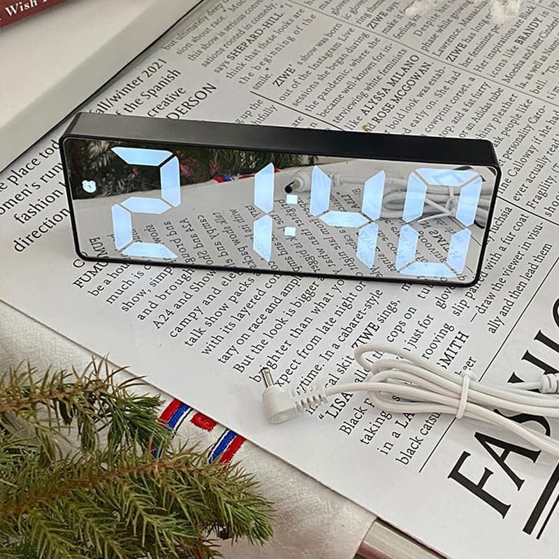 Mini Size Mirror LED Clock Simplicity Colorful Alarm Clocks Ultra Portable Travel Bedroom Bedside Clock 12/24H Display 6.3inches Large Display LED Digital Snooze Time Date Temperature Memory 3 Brightness Adjustable USB/Battery Powered Living Office Desk