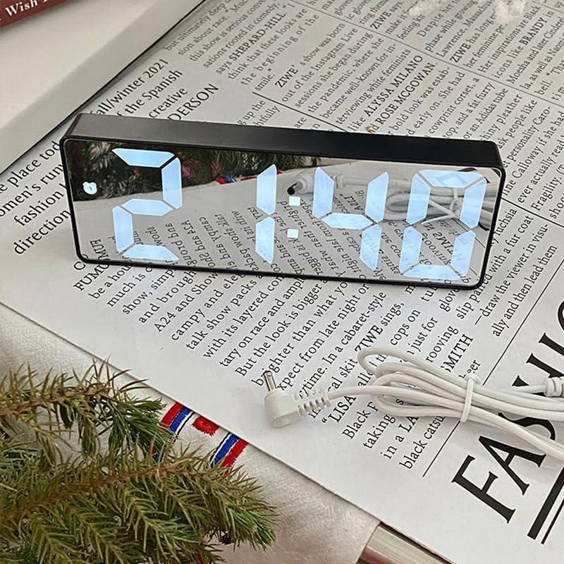 Mini Size Mirror LED Clock Simplicity Colorful Alarm Clocks Ultra Portable Travel Bedroom Bedside Clock 12/24H Display 6.3inches Large Display LED Digital Snooze Time Date Temperature Memory 3 Brightness Adjustable USB/Battery Powered Living Office Desk