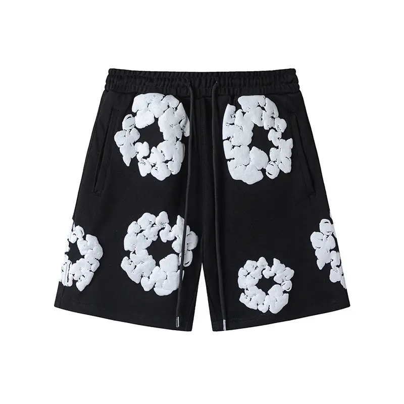 Y2K Streetwear Foam Floral Wreath Graphic Sweat Shorts, Baggy Black Drawstring Straight Knee Length Casual Shorts