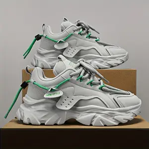 Men's Retro Chunky Thick-Soled Sneakers - White PU Upper & EVA Cushioned Arch Support, Non-Slip Rubber Sole, Lace-Up Closure, Odor-Resistant, All-Season Casual & Running Shoes with Cushioned Insole, Arch Support & Traction Tread for Gym