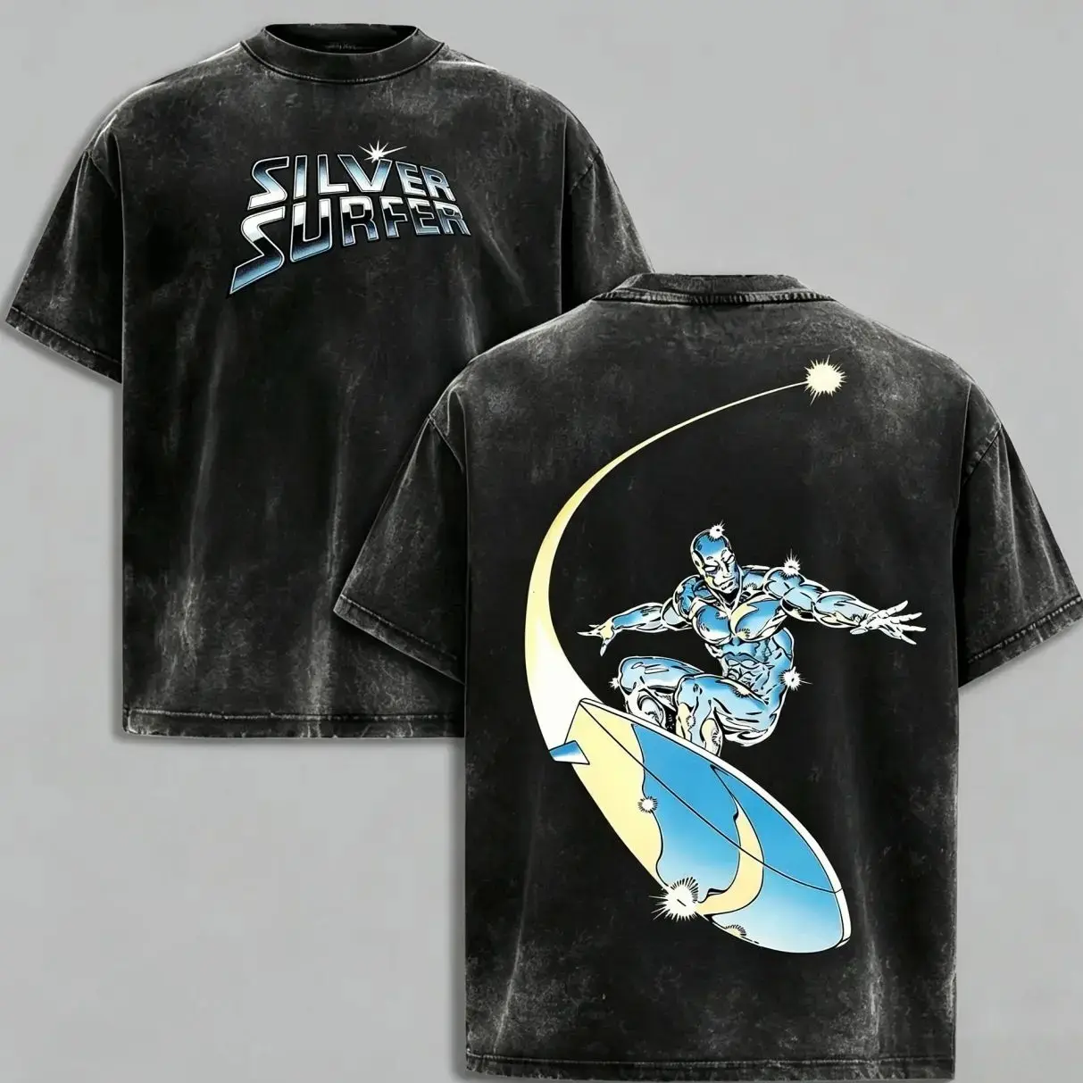 BoldThreads Silver Surfer - Herald of Galactus MCU Comic Oversize Loose-Fit Soft Cotton Acid Washed Double Printed Streetwear T-Shirt, Unisex Men's/Women's Vintage Top