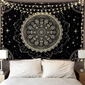 Black Golden Mandala Tapestry Astrology Space Wall Hanging Tapestries Wall tapestrys Large Aesthetic Hippie Wall Decor Bohemian Wall Art Boho Home Talestry for Bedroom,Living Room,Ceiling Decorative Galaxy Gift Nature