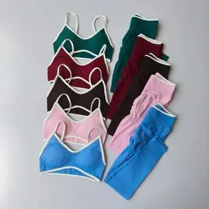 Conjuntos de mallas sin costuras para mujer, sujetadores y mallas deportivas con tiras, mallas esculpidas de cintura alta, pantalones para correr, trajes de gimnasio, 2 uds.