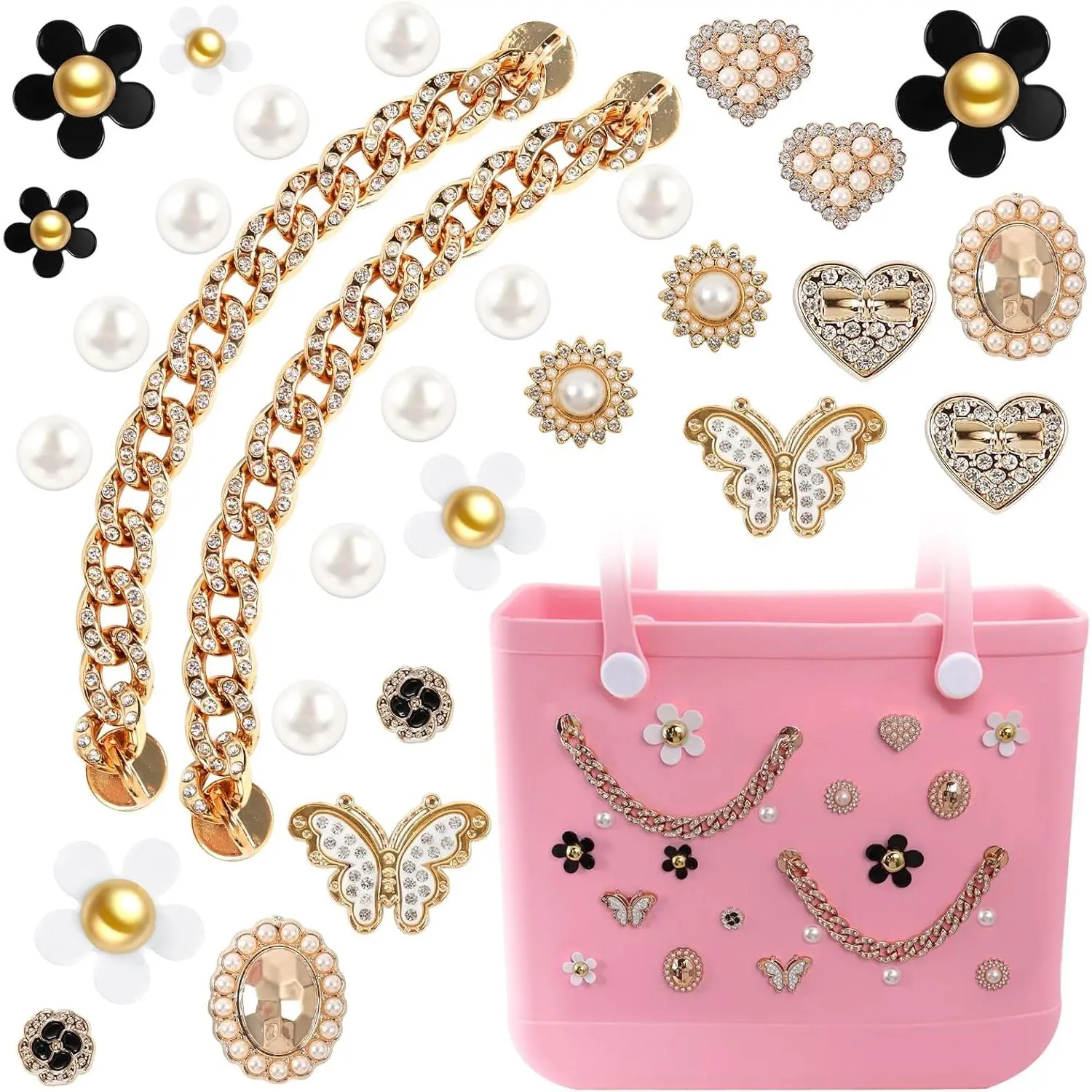 30 PCS Bag Charm Set - Cute Girly Sparkly Accessory with Pearls, Flowers, Butterflies, Bling Chains for Bogg Bag, Simply Southern Beach Tote Insert, Purses