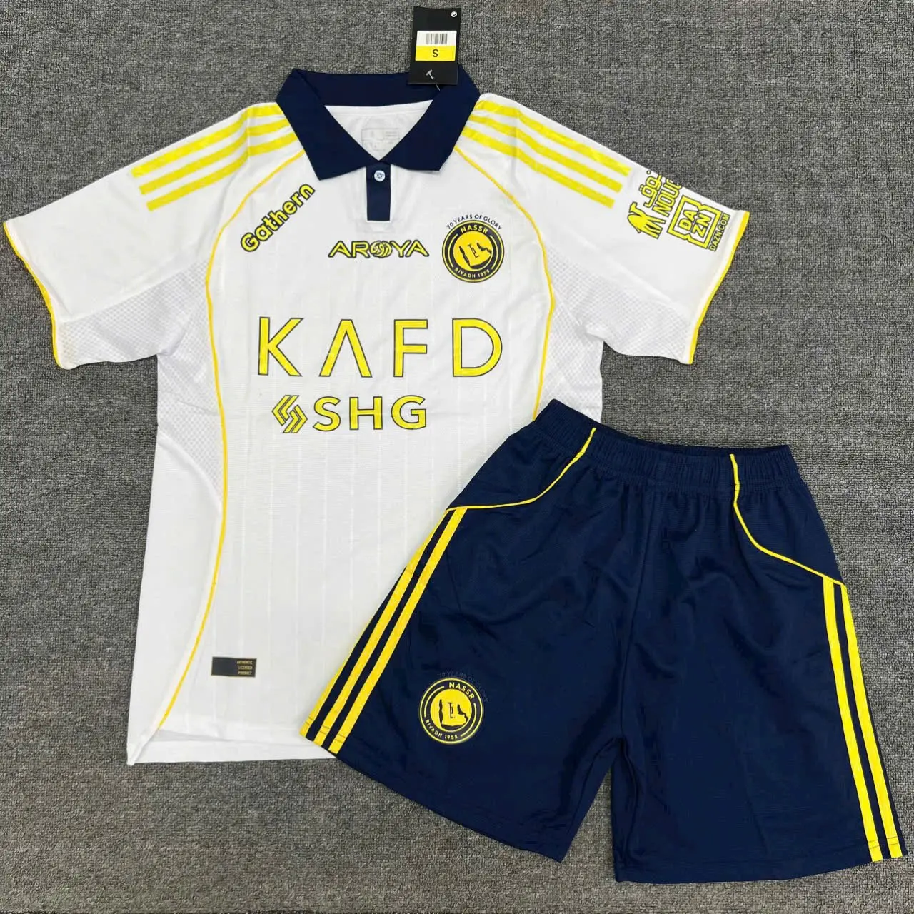 Al Nassr FC White & Navy Polo Soccer Jersey and Shorts Set | 70 Years of Glory Commemorative Football Kit | Saudi League Fan Gift