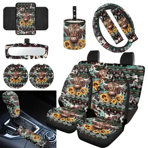 Western Seat Covers for Women, Highland Cow Car Accessories Full Set, Steering Wheel Cushion + Coasters + Armrest Pads + Trash Bag + Seatbelt Protector, Stretch Breathable
