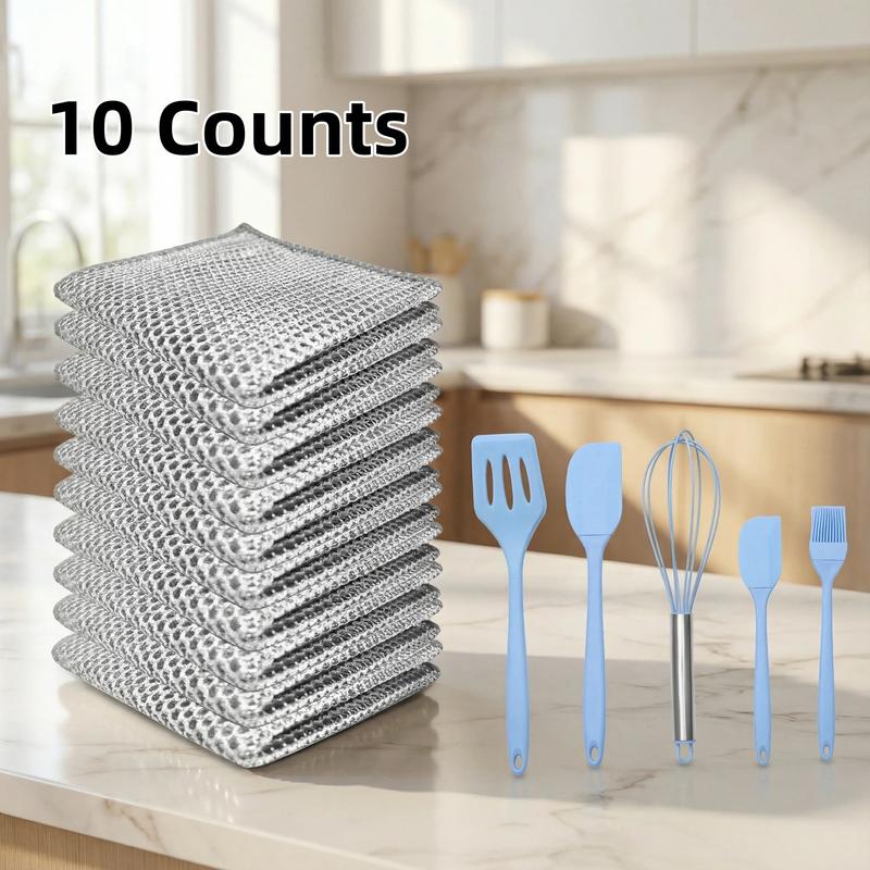 10 Counts Dishwashing Rags 30×30Multipurpose Non-Scratch Wire Dishcloths for Wet and Dry Use, Reusable Wire Cleaning Cloths for Kitchen, Sinks, and Pans Silver Removable, Washable & More Free 5-piece silicone kitchen utensil set (spatula, oil brush, etc.)