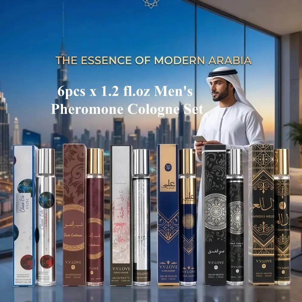 6 pcs Men's Pheromone Cologne Set, Long Lasting Arabian Amber Perfume Spray, Travel Size Premium 6 x 1.2 Fl Oz Fragrance Collection, Alpha Male Oud Scent Gift Set for Him