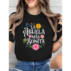 Mother's Day Hispanic Grandma T-Shirt - "La Abuela Más Bonita" Floral Print Round Neck Tee, Vibrant Colors on Black, Machine Washable Top for Women