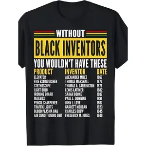 Men's Black Vintage African American Inventors Graphic T-Shirt - 100% Cotton Soft Breathable Crew Neck Short Sleeve, Lightweight Retro Letter Print with Historical Inventors List (Alexander Miles, Garrett for MORGAN, for THOMAS Edison)