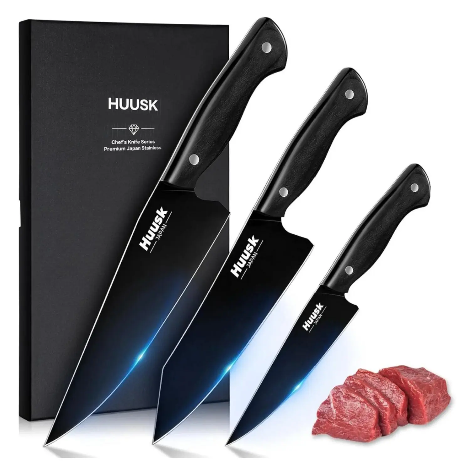 Huusk Kitchen Chef Knives Set - 3-Piece Modern Black Titanium Coated Steel Blade Set with Wood Handles, Suitable for Vegetables, Fruits, Ideal Holiday Gift for Adults