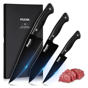 Huusk Kitchen Chef Knife Set - 3-Piece Black Titanium Coated Knife Set, Suitable for Vegetables, Fruits and Meat, Ideal Holiday Gift for Men and Women