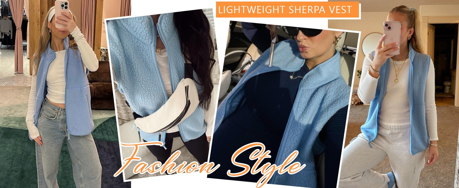 Songling Sherpa Fleece Vest for Women Trendy Warm Sleeveless Vests Jacket Lightweight Zip Coats with Pockets Fall Outerwear Fabric Soft Womenswear Fuzzy Casual Brown Outdoor Minimalist