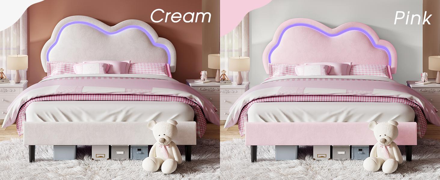 AMERLIFE LED Bed Frame with Adjustable Cloud Headboard, Velvet Upholstered Platform Bed, No Box Spring Needed, Easy Assembly/Christmas Gift/Best Gift Ideas