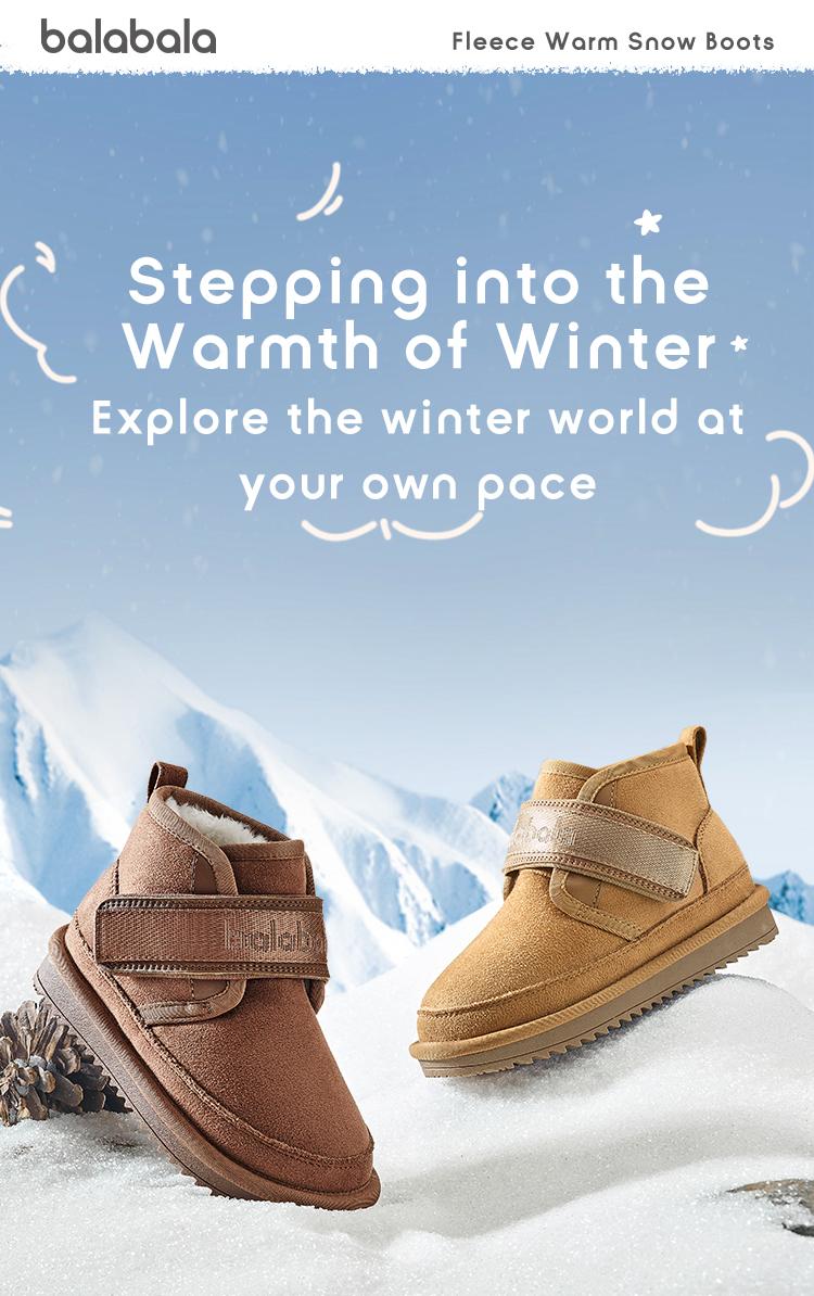 Balabala Winter Short Snow Boots Warm Plush Fleece Lining Anti-Slip TPR Sole Easy Velcro Water-Repellent Suede Stylish Cozy