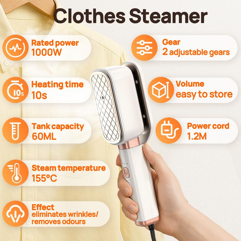 REDHUT Gament steamer for clothes, 3 in 1 Handheld steamer and lron, 15s Fast Heat-Up,1000W power,100-240V Dual Voltage,60ML Water Tank,Large Rotatable Panel, Travel-Friendly clothes lron