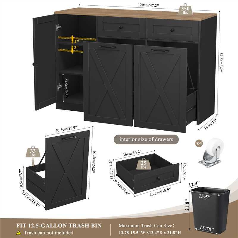 HOSTACK 12.5 Gallon Kitchen Trash Cabinet, 47" Double Trash Can Cabinet, Large Pull Out Can Storage Drawers, Wood Farmhouse Hidden Garbage Storage Buffet for Kitchen, Trash can not included