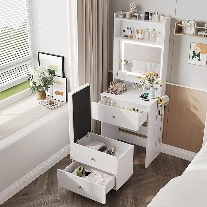 [tiktokshopbacktoschool] Vabches Make Up Vanity Desk with Mirror and Lights, White/Pink Vanity Table Set with Charger Station,Girls Small Vanity Vanity Desk Furniture Vanity Makeup Table Vanity Desk Design White Makeup Vanities