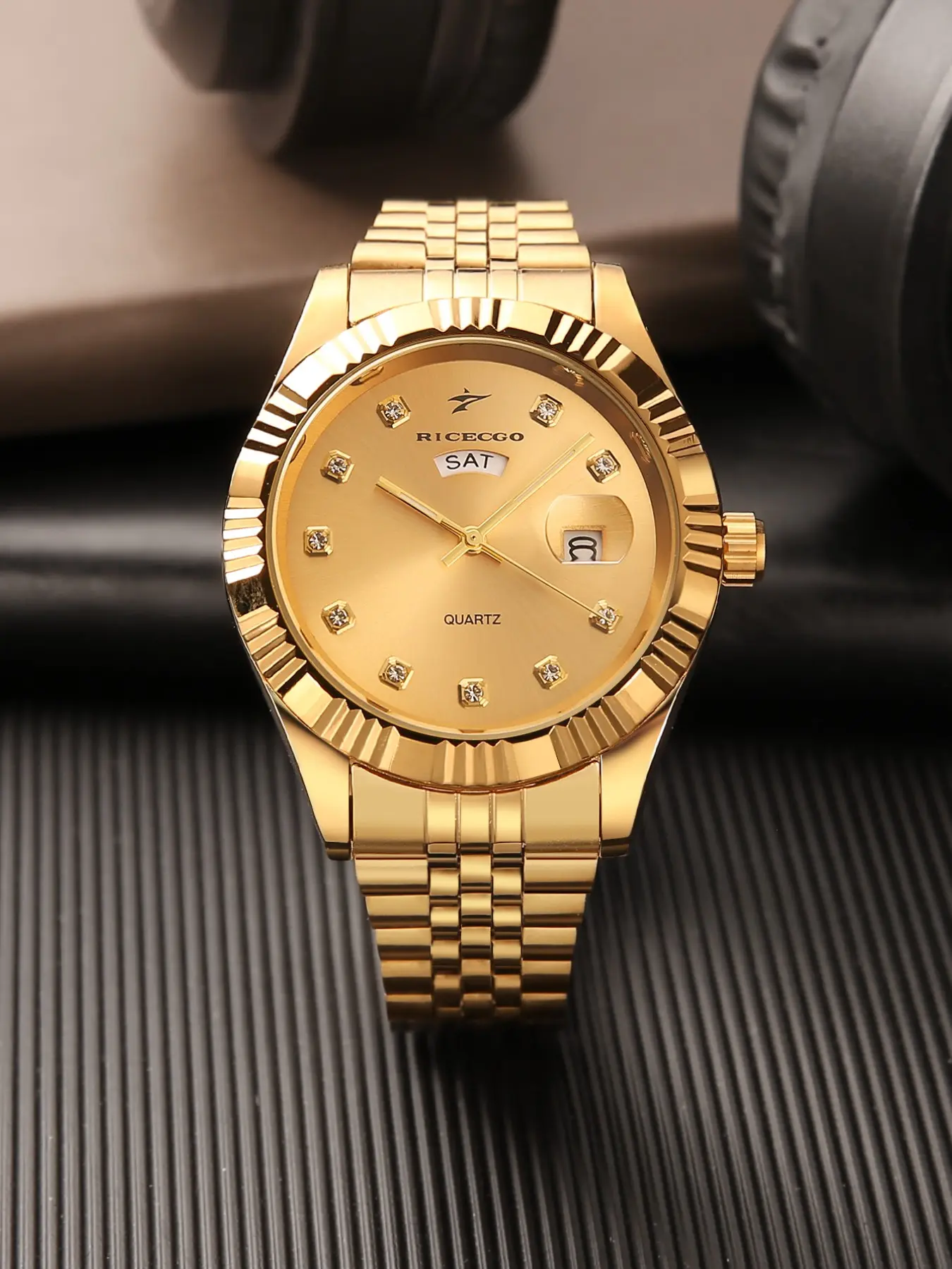 RICECGO Men's Quartz Casual Watch, Durable Watch, Quartz Analog Wristwatch, Analogue Quartz Watch, dial with diamond hour markers, Hardlex Glass, dual calendar display, Powered by quartz movement, durability with styling, Analog Watches