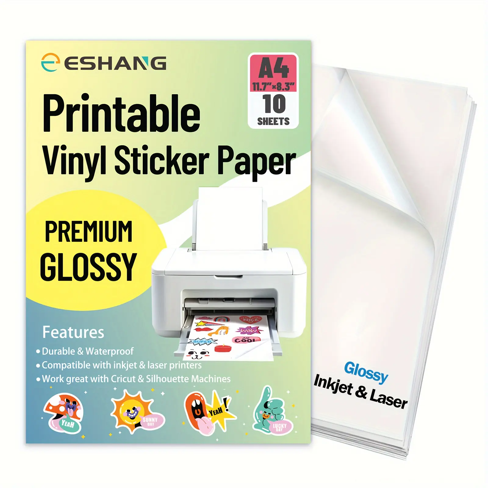 ESHANG 10 Sheets A4 Glossy Vinyl Sticker Paper, 8.3x11.7 Inches, Compatible with Inkjet Printer, Self-Adhesive & Waterproof, DIY Crafts, Vinyl Decal Sticker, Adhesive Decals