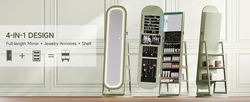 【LED Jewelry Mirror & Valentine's Day Gift】ONBRILL 360° Swivel Jewelry Mirror Cabinet with Lights Inside Makeup Mirror Standing Jewelry Armoire Organizer Rotatable Full-Length Mirror with Jewelry Storage Lockable with Back Storage Shelves
