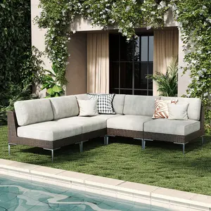 LayinSun 5-Piece Wicker Rattan Patio Furniture Set, Deep Seating Outdoor Modular Sectional Sofa Conversation Set with Thick Cushions for Lawn, Garden