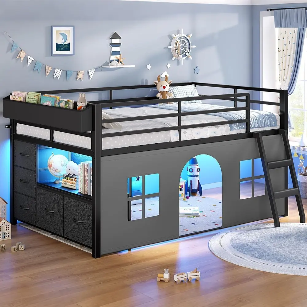 Sikaic Twin Low Loft Bed with Tent, 5 Storage Drawers, LED Lights & Bookcase, Metal Loft Bed Frame with 13.8" High Safety Guardrail, Inclined Ladder, Under-Bed Play Space, Black, Home Furniture, Dorm Essentials [tiktokshopbacktoschool]