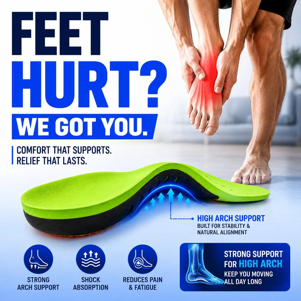 【Back To School】Heavy Duty Flat Shoe Insoles - Pain Relief, Soft Memory Foam, High Arch Orthotic Support, Trim-to-Fit, Magnetic Gel Separator Set, Comfort Cushioning for Standing & Walking, Height Booster Pad Boot Accessory sport invisible joint Action