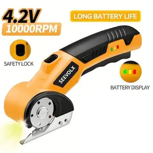 SEEVOLX Heavy-Duty 4V Brushless Electric Scissors, Cordless Rechargeable Power Shears w/ Safety Lock & LED Light, Multi-Purpose Cutting Tool for Fabric, Leather, Carpet & Cardboard, Great for DIY & Sewing