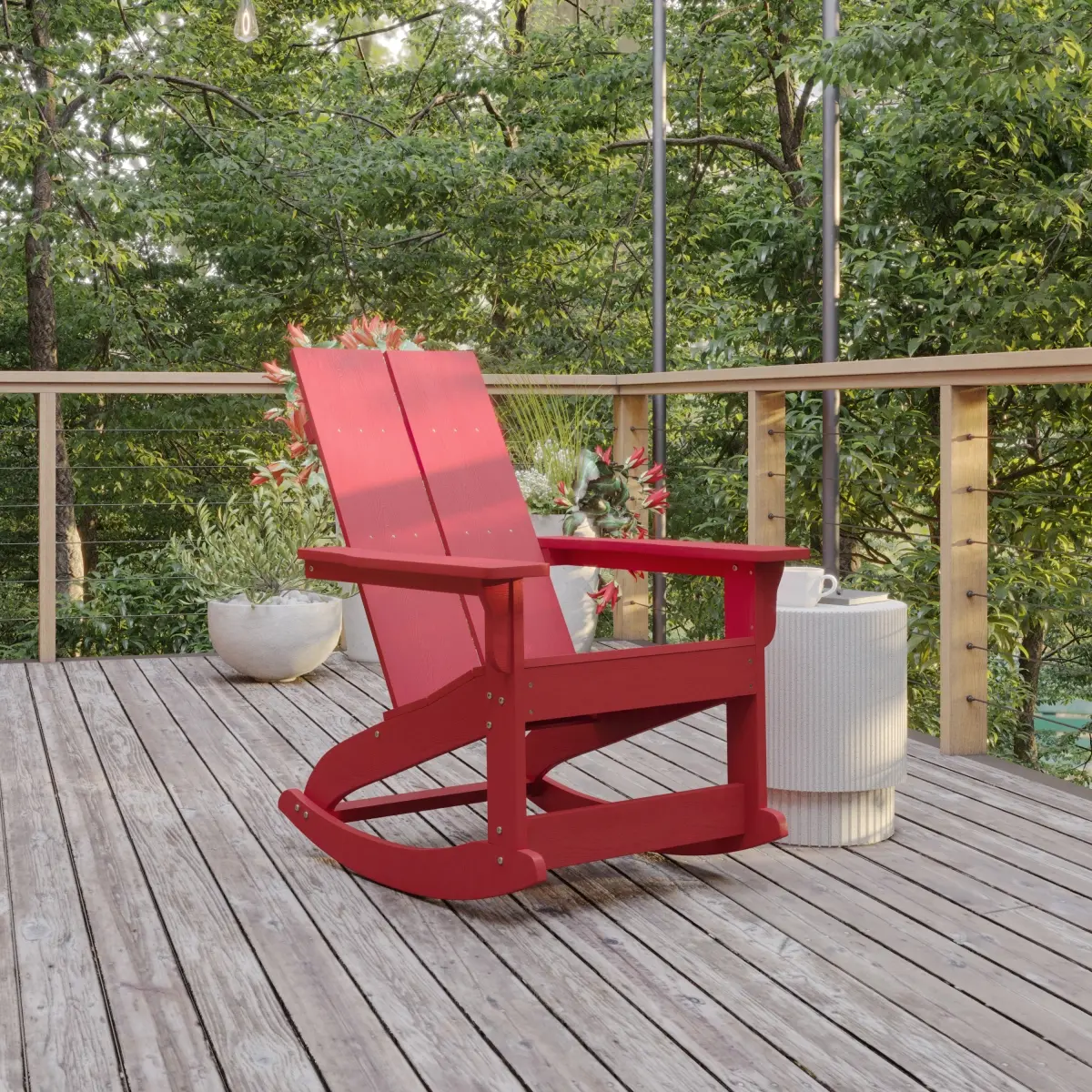 Flash Furniture JJ-C14709-RED-GG Finn Modern Commercial Grade Poly Resin Wood Adirondack Rocking Chair - All Weather Red Polystyrene - Dual Slat Back - Stainless Steel Hardware