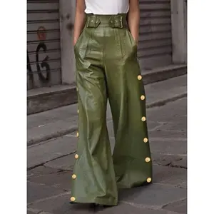 High Waist Wide Leg Leather Pants with Vintage Button Design, Stylish Long Trousers for Women, Perfect Fit Casual Wear