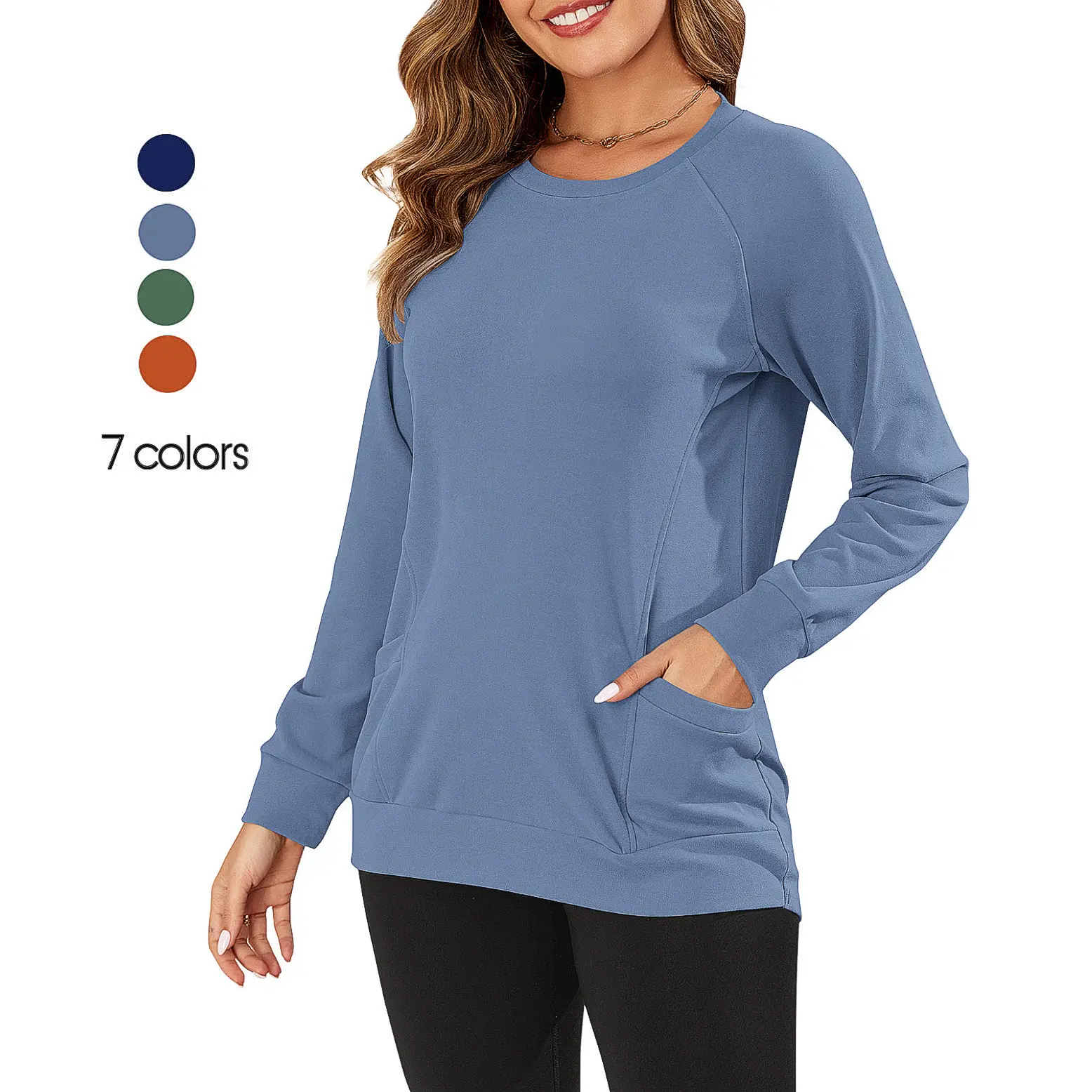 AUSELILY Women's Long-Sleeve Lightweight Sweatshirt with Side Pockets Womenswear Tops Extra Length Pullover