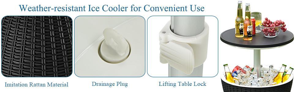 [Costway] Cool Bar Table, 4/8/10 Gallon Beer and Wine Cooler, Rattan Style Patio Bar Tables, Height Adjustable, 3-in-1 Ice Cooler with Drainage Plug, Outdoor Cocktail Table for Deck Pool Party-Deals for You Days