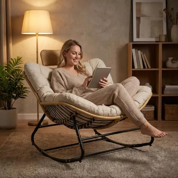 Bellemave]39.37"Papasan Rocking Chair Outdoor, Oversized Patio Egg Chair with Thick Cushion And Handwoven Rattan Head Pillow,Indoor Wicker Lounge Rocker Bed for Balcony, Porch, Garden